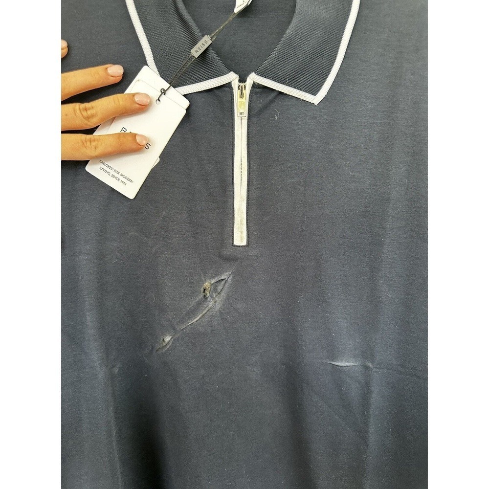 Reiss Men's Sz L Cannes Slim Fit Cotton Quarter Zip Shirt Navy Blue Flaw​​​ - Picture 4 of 6